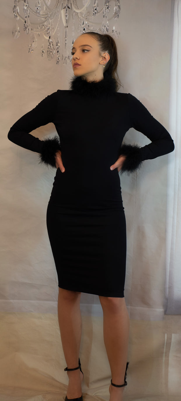 Bodycon Open back Dress with Marabou Feather collar & Cuffs