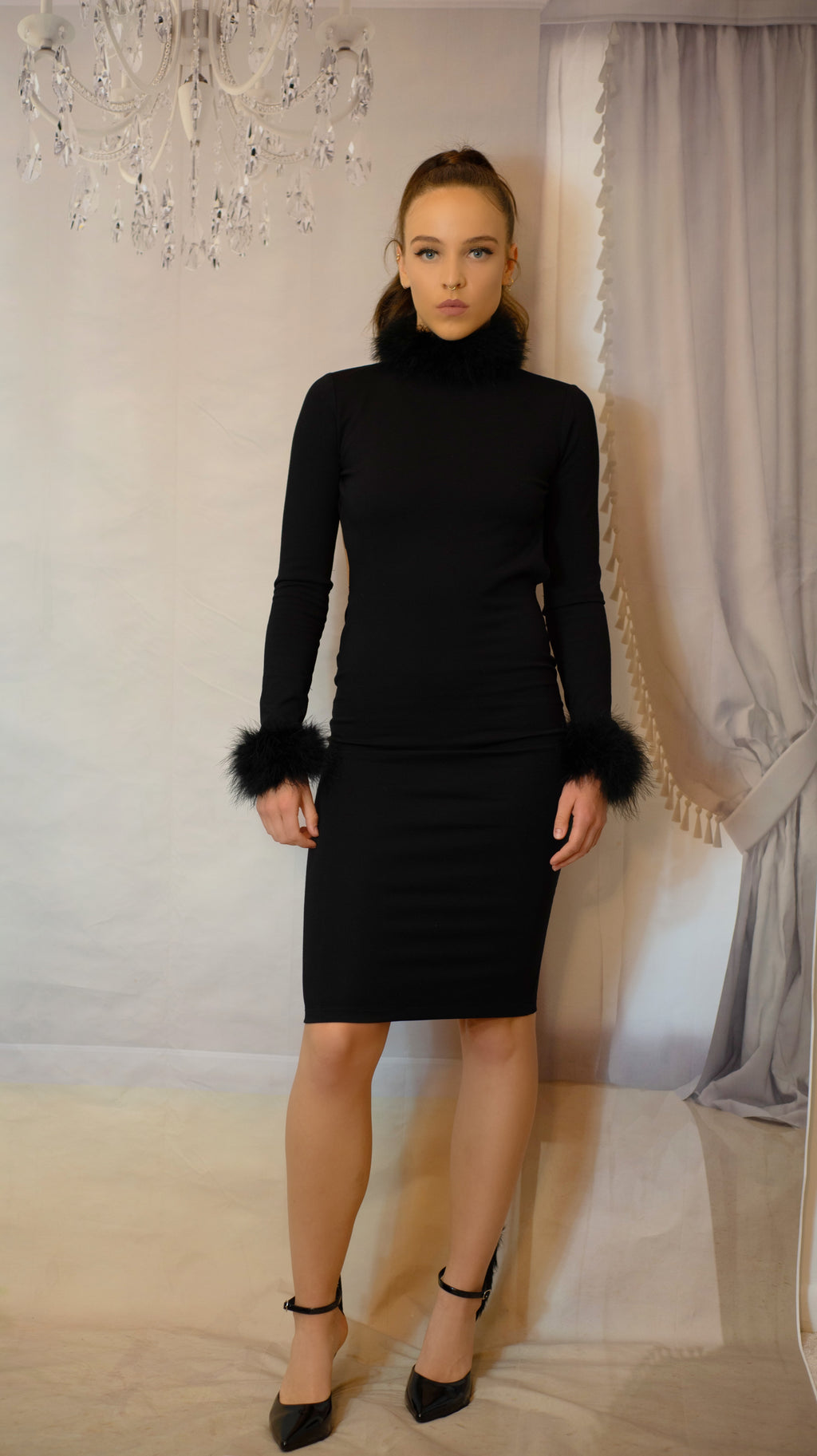 Bodycon Open back Dress with Marabou Feather collar & Cuffs