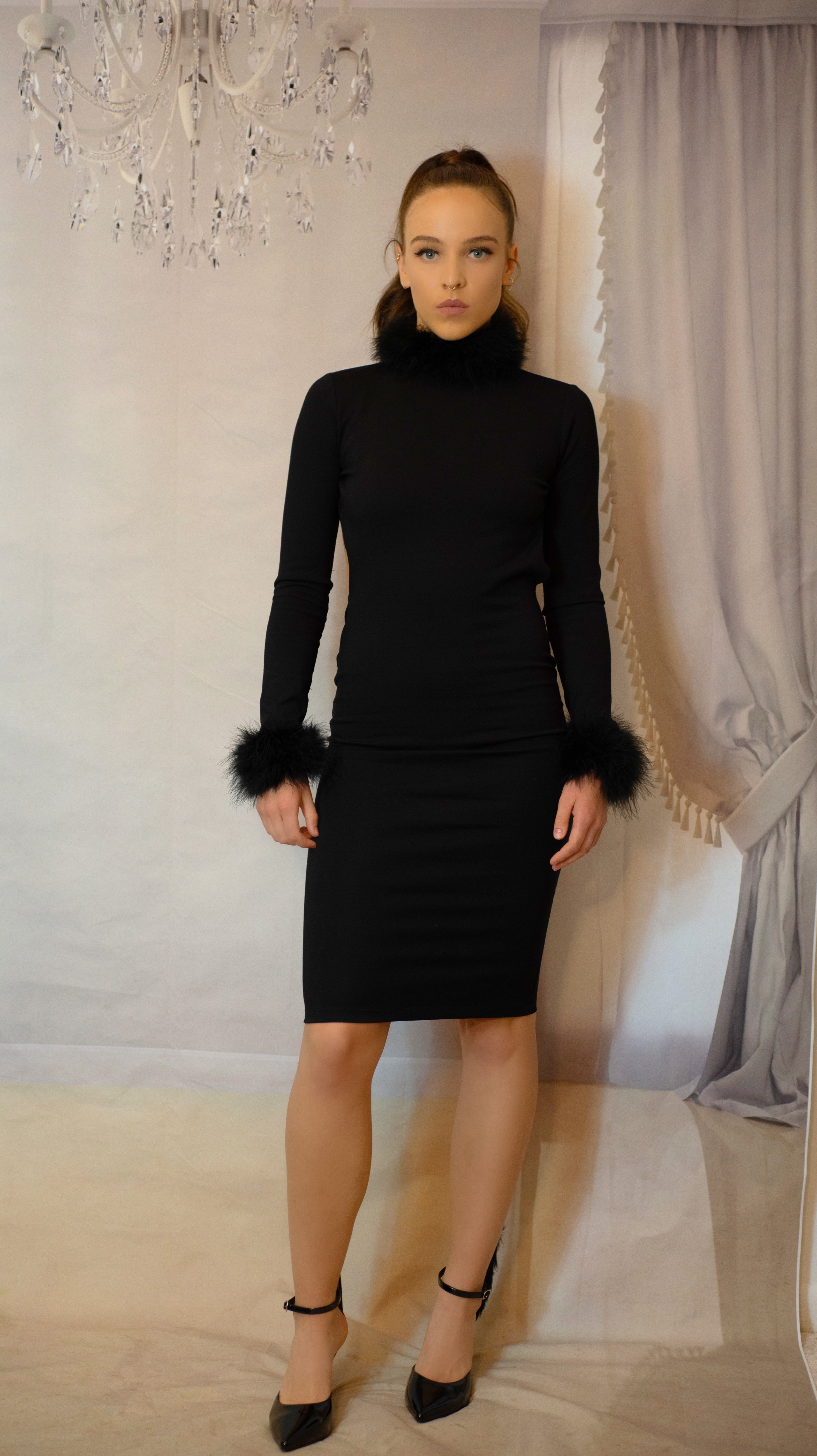 Bodycon Open back Dress with Marabou Feather collar & Cuffs