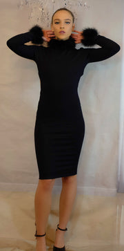 Bodycon Open back Dress with Marabou Feather collar & Cuffs