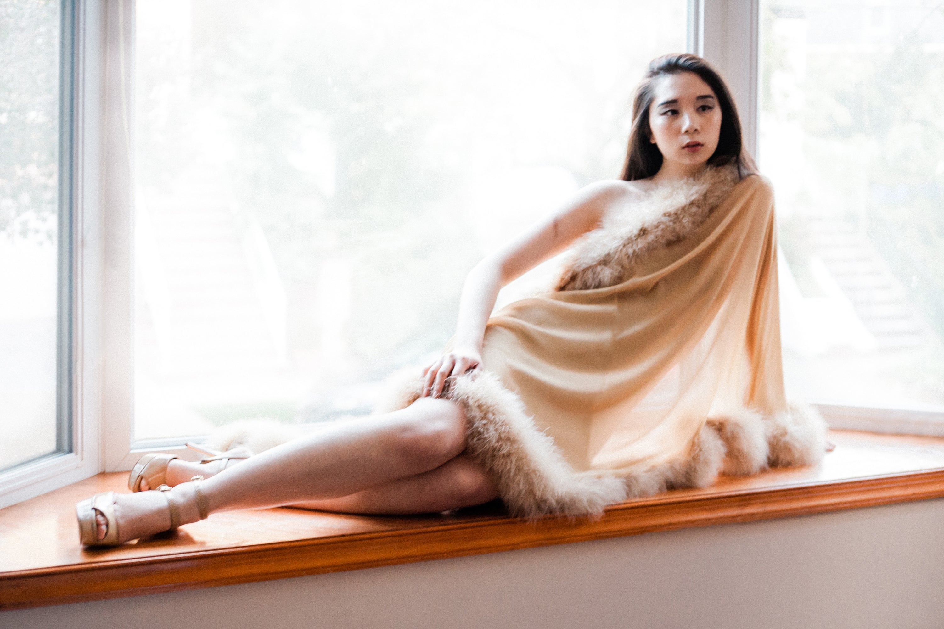 Feather Trimmed Chiffon Evening Shawl