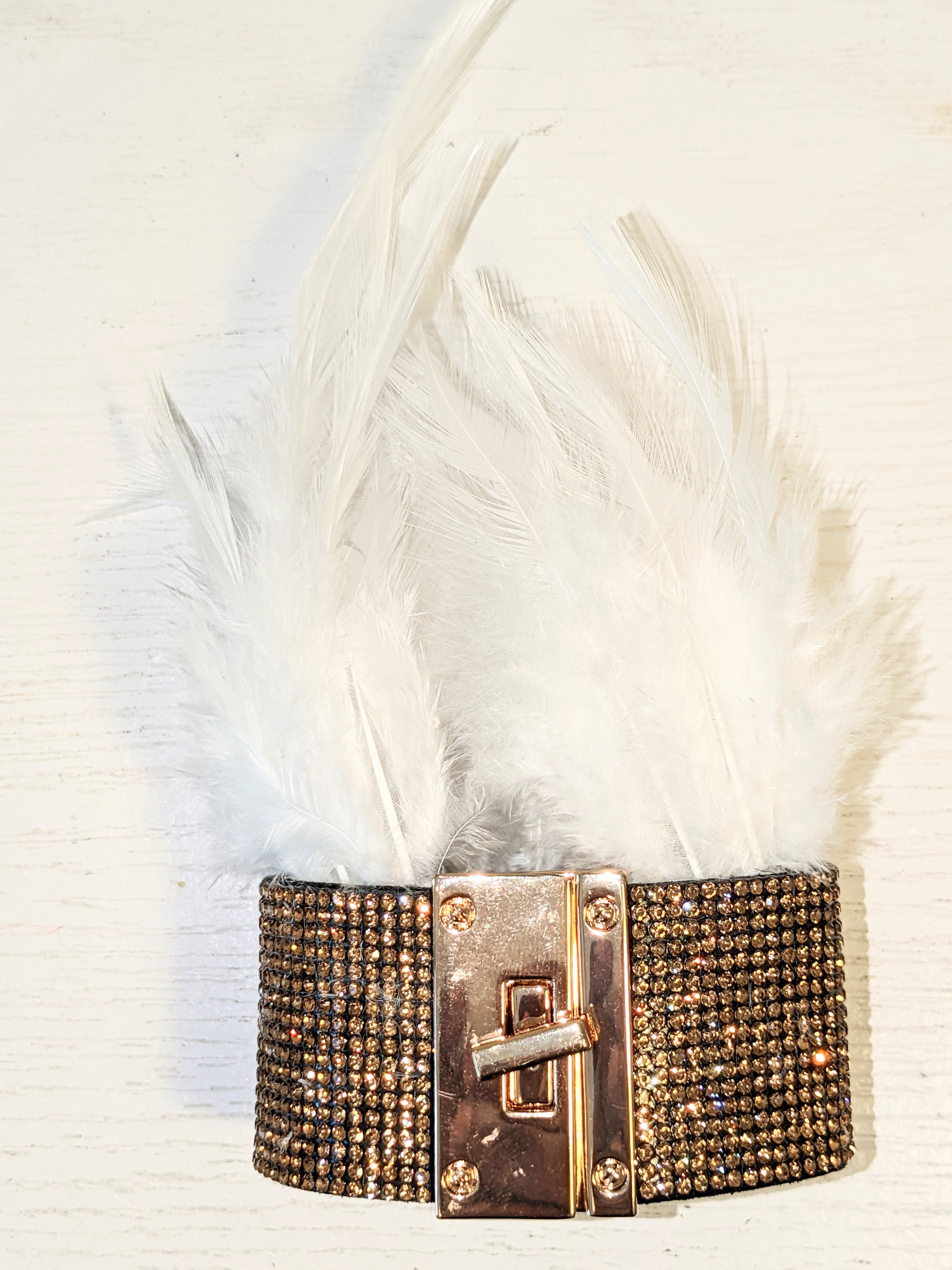 Feather and Crystal Lock Cuff Bracelet