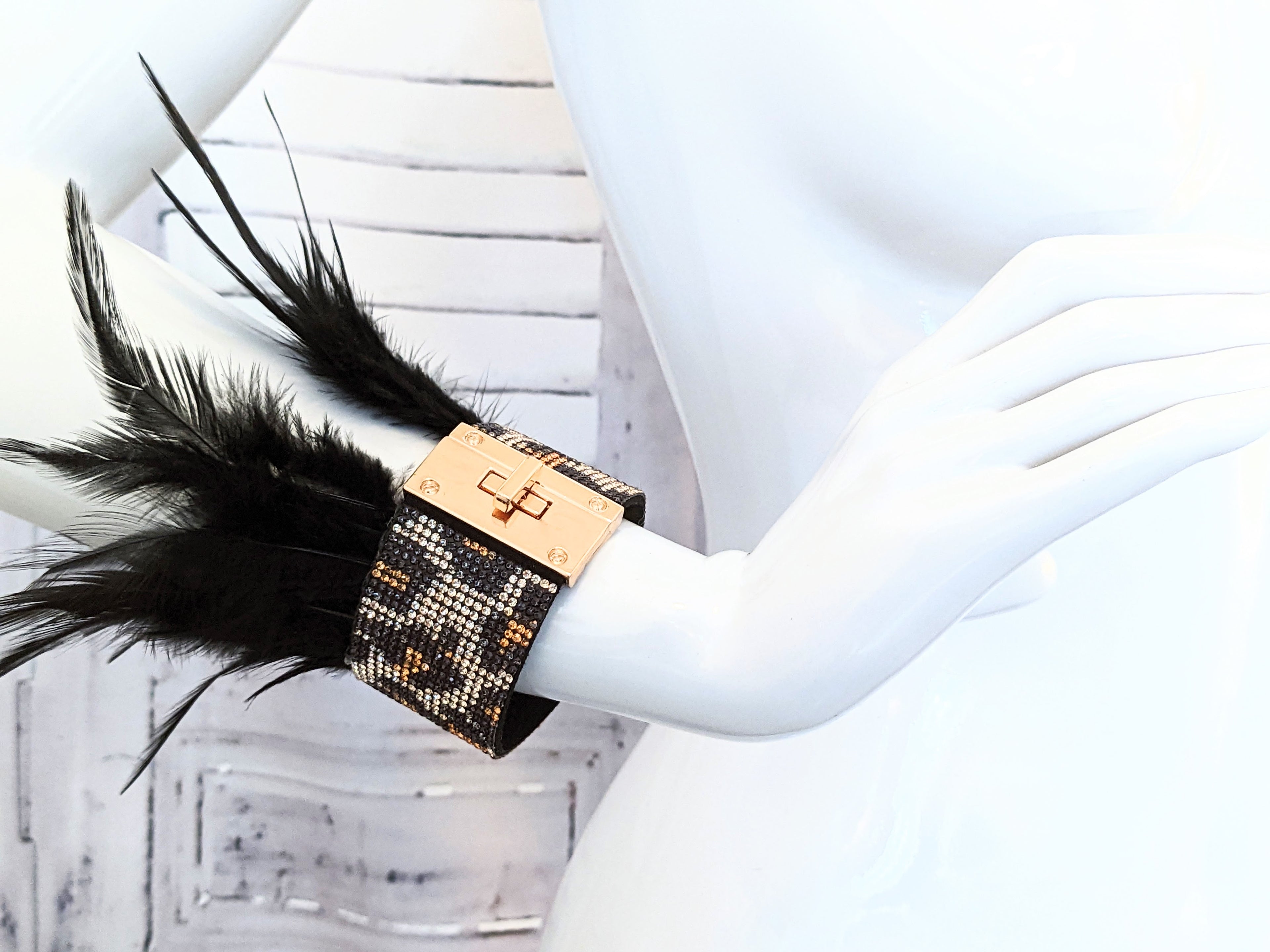 Feather and Crystal Lock Cuff Bracelet