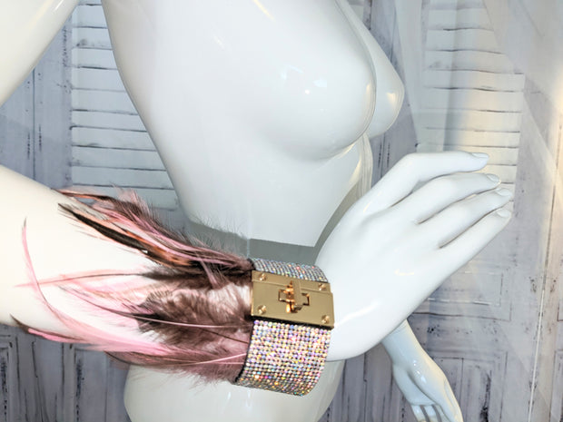 Feather and Crystal Lock Cuff Bracelet