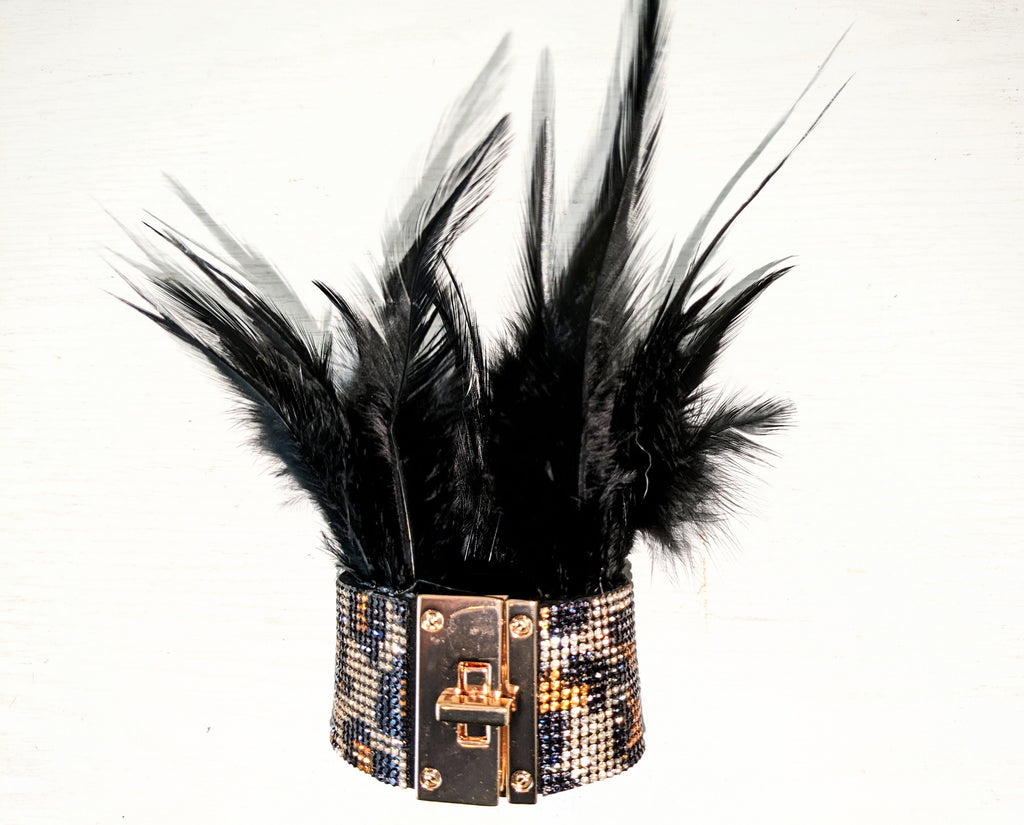 Feather and Crystal Lock Cuff Bracelet