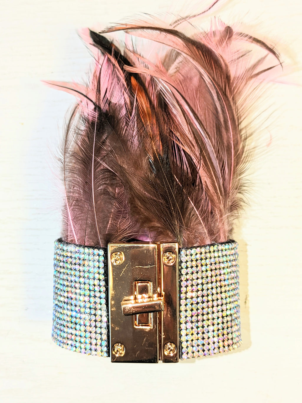 Feather and Crystal Lock Cuff Bracelet