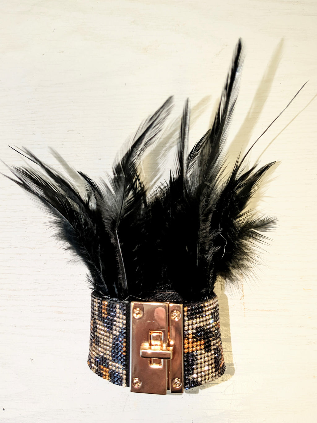 Feather and Crystal Lock Cuff Bracelet