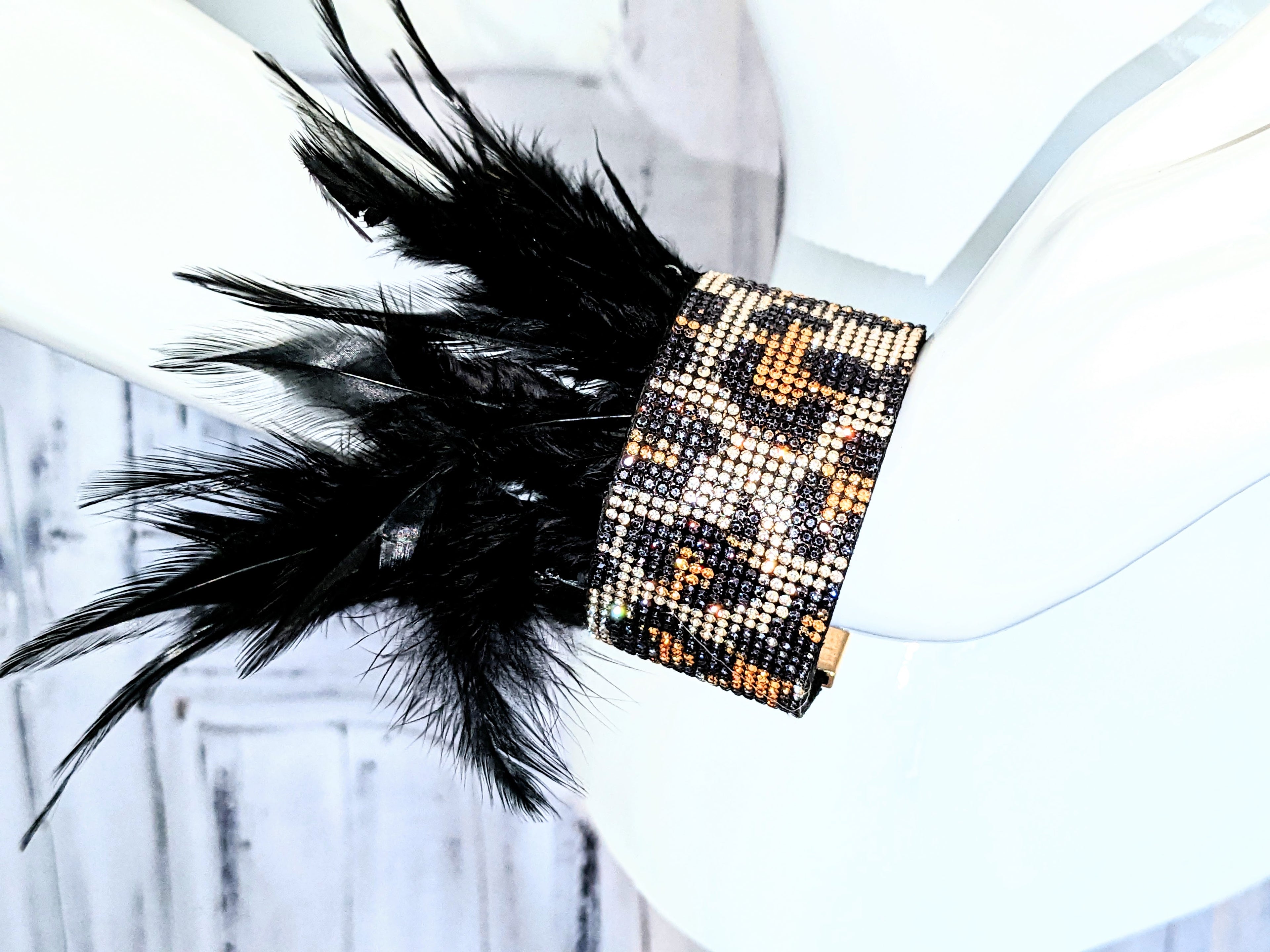 Feather and Crystal Lock Cuff Bracelet