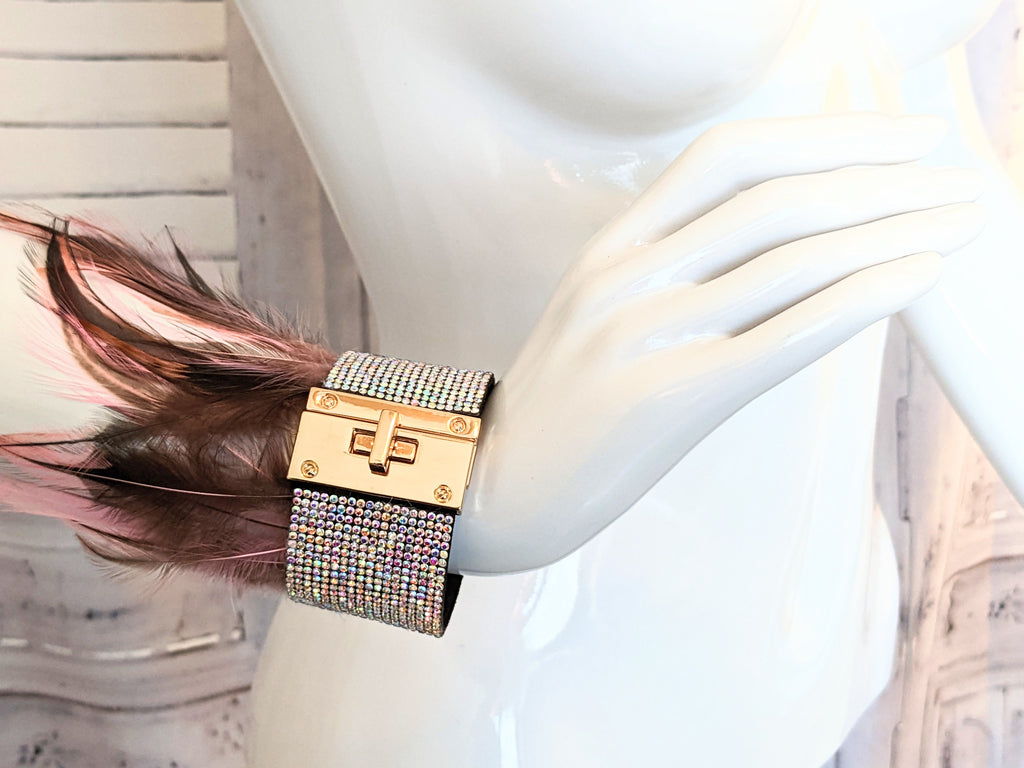 Feather and Crystal Lock Cuff Bracelet