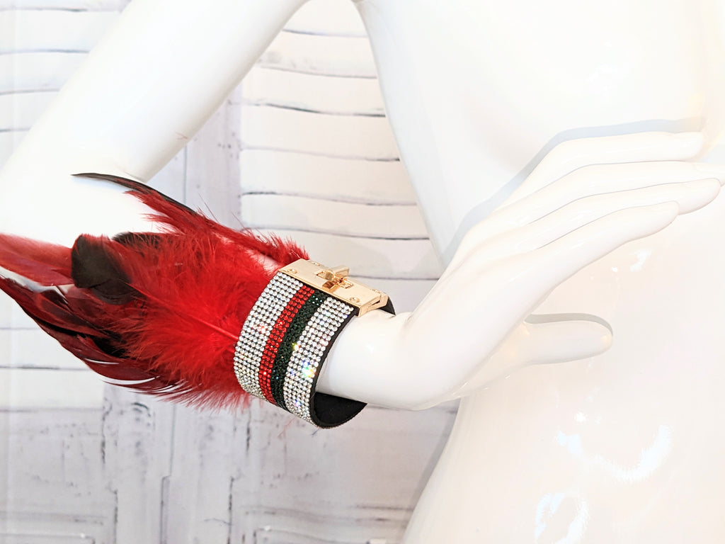 Feather and Crystal Lock Cuff Bracelet