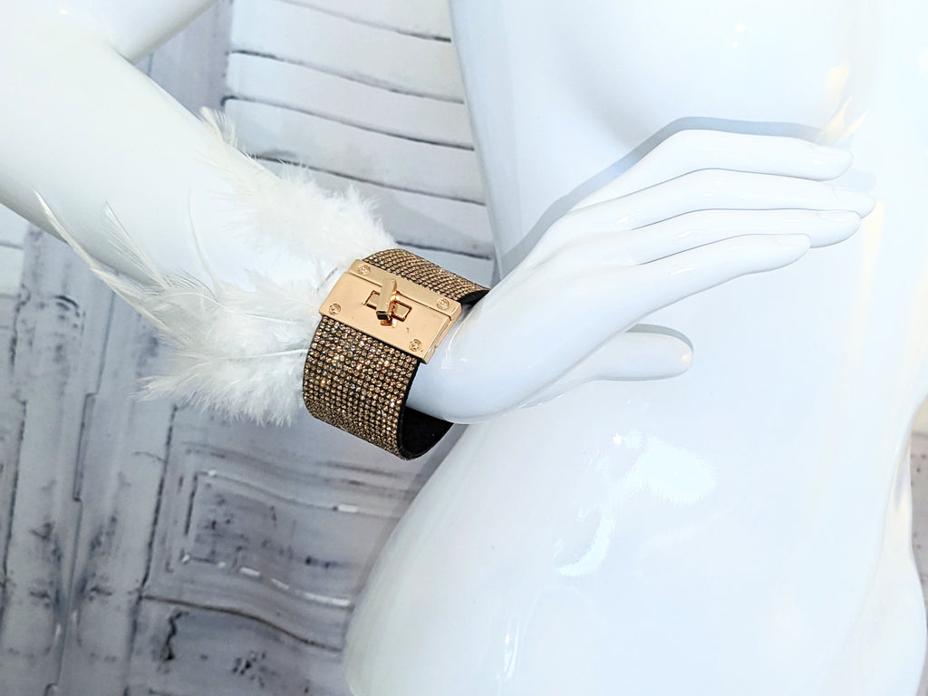 Feather and Crystal Lock Cuff Bracelet